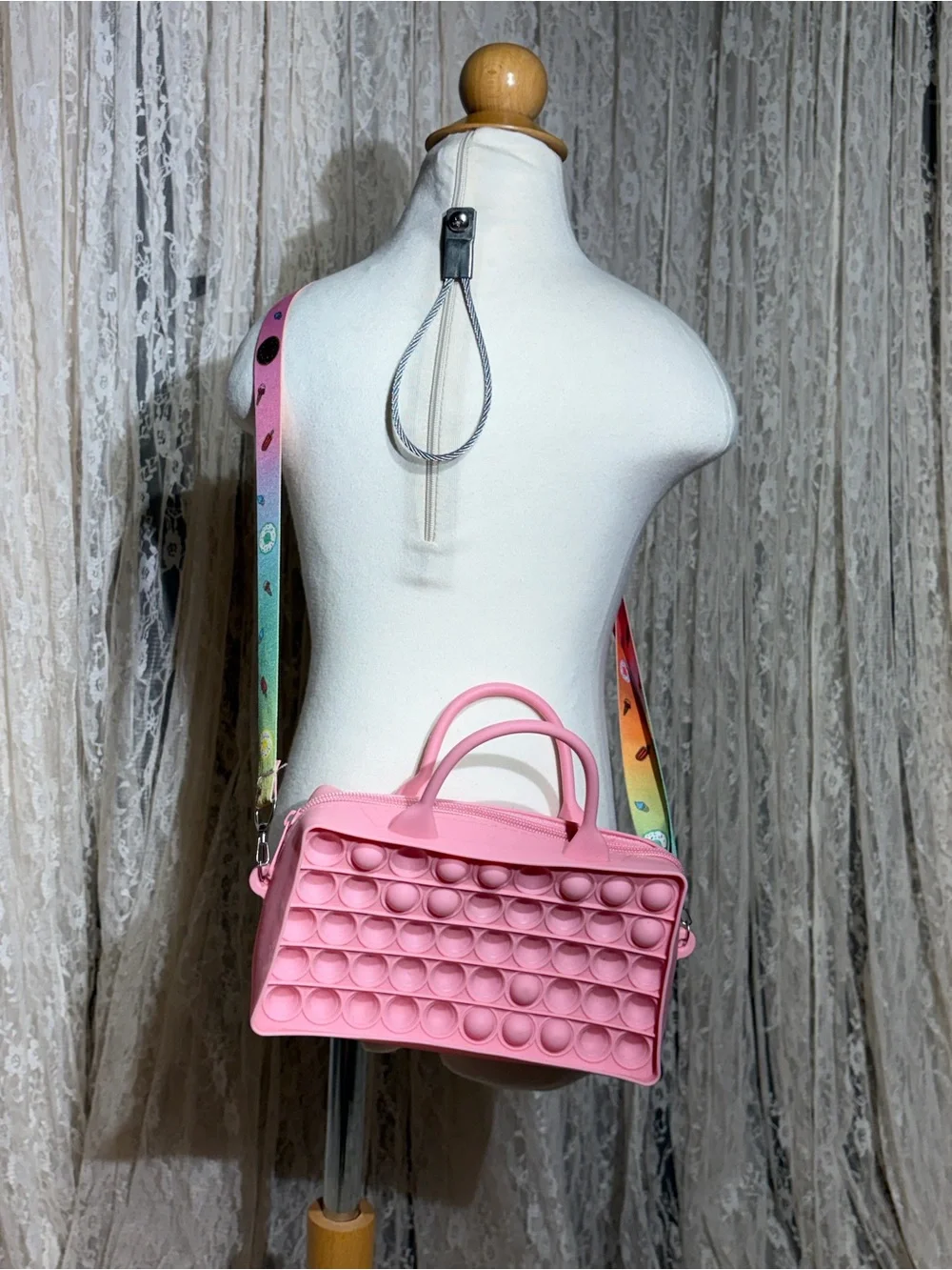 Pink Pop-It Tote Bag with Rainbow Strap